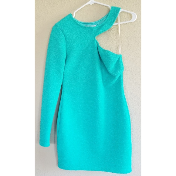 BCBGeneration Teal One Sleeve Asymmetric Bodycon Mini Dress - Picture 3 of 8